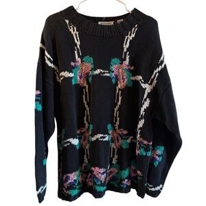 Vintage Sweater Sz L Hand Knit Floral Patterned Black Colleen's Collectibles